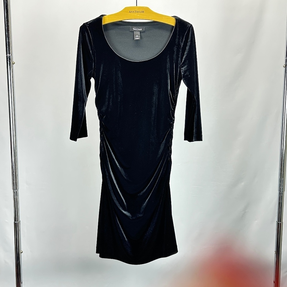 Little Black Dress Velvet Stretch Long Sleeve Ruched Sides Size XS